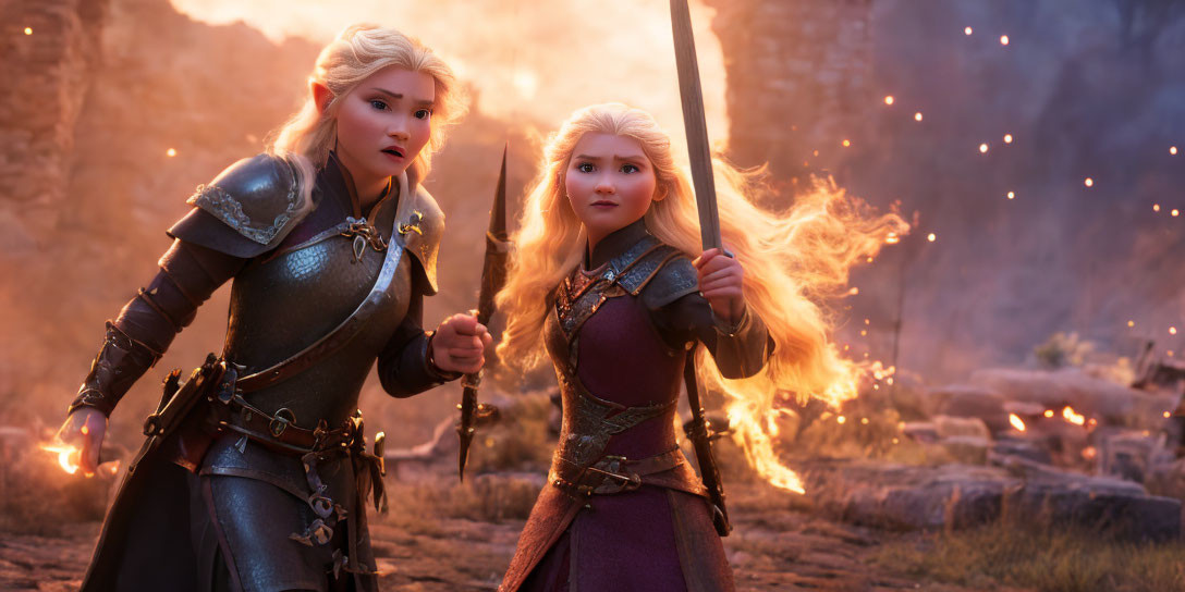 Two female characters in medieval armor with staff and flame in fiery background