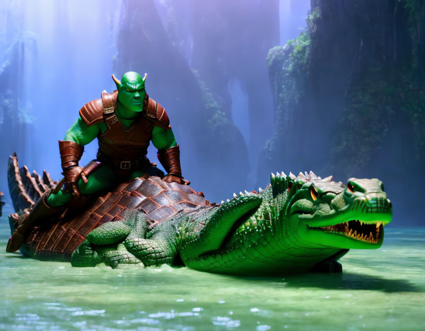 Green muscular humanoid riding large alligator in misty forest waters