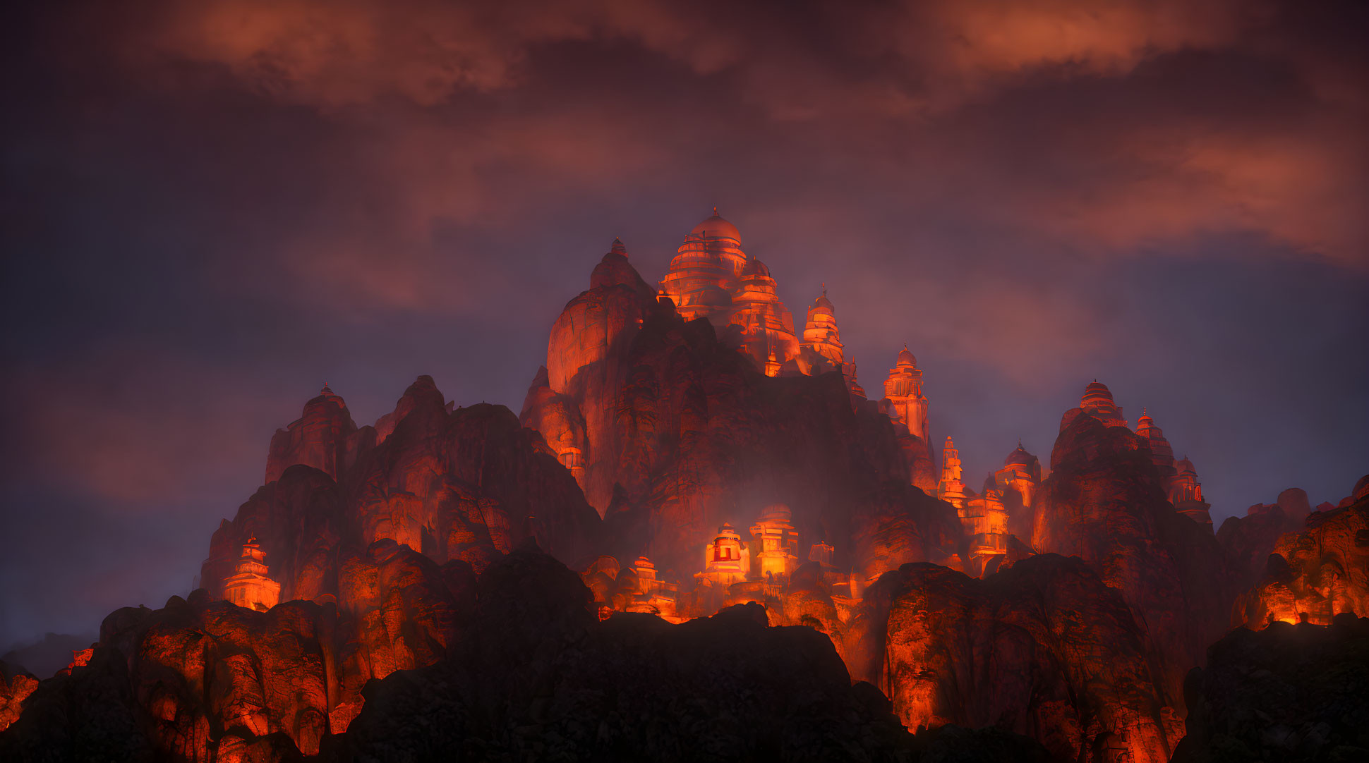 Mythical palace on dark mountains under fiery sky