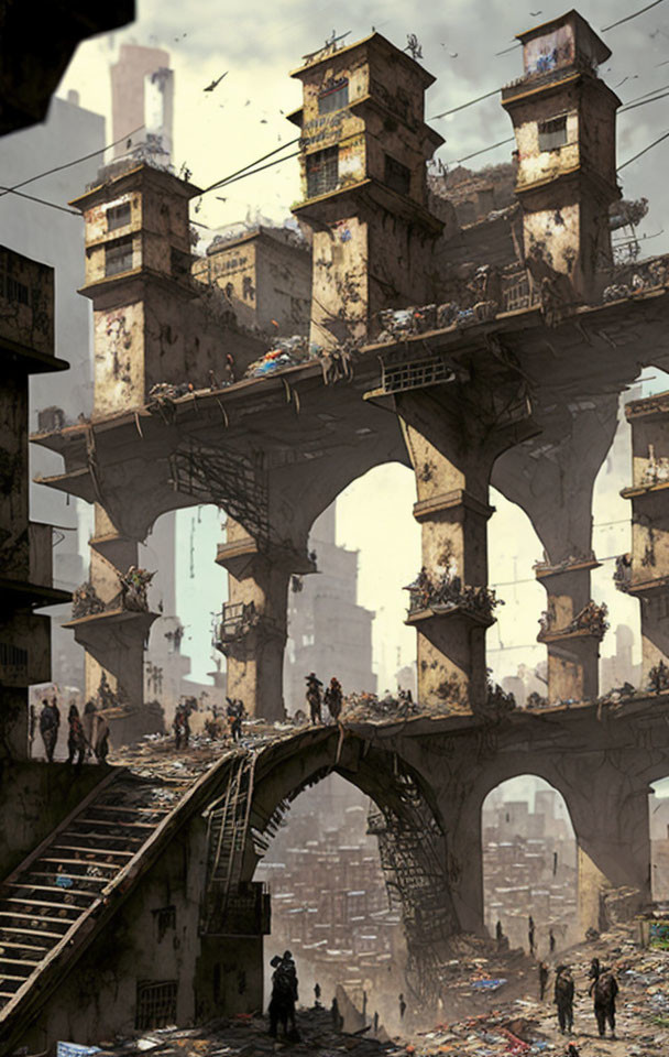 Dystopian cityscape with dilapidated structures and people navigating precarious walkways