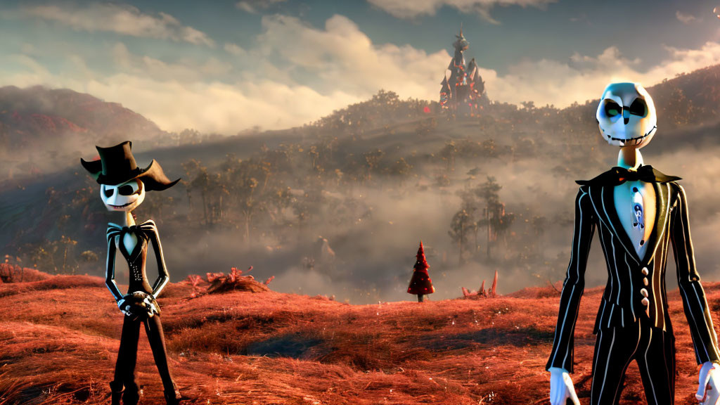 Animated skeleton characters in surreal landscape with foggy background and spooky castle