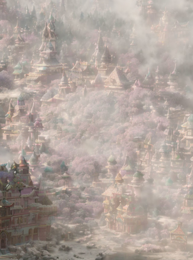 Mystical foggy landscape with pink cherry blossoms and pagoda-style buildings