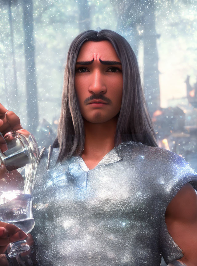 Animated character with long gray hair holding hourglass in forest