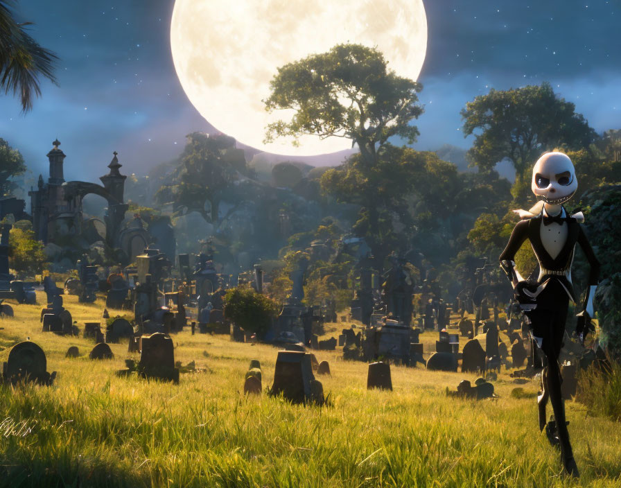 Moonlit graveyard scene with skeletal figure, tombstones, trees, and archway under full moon
