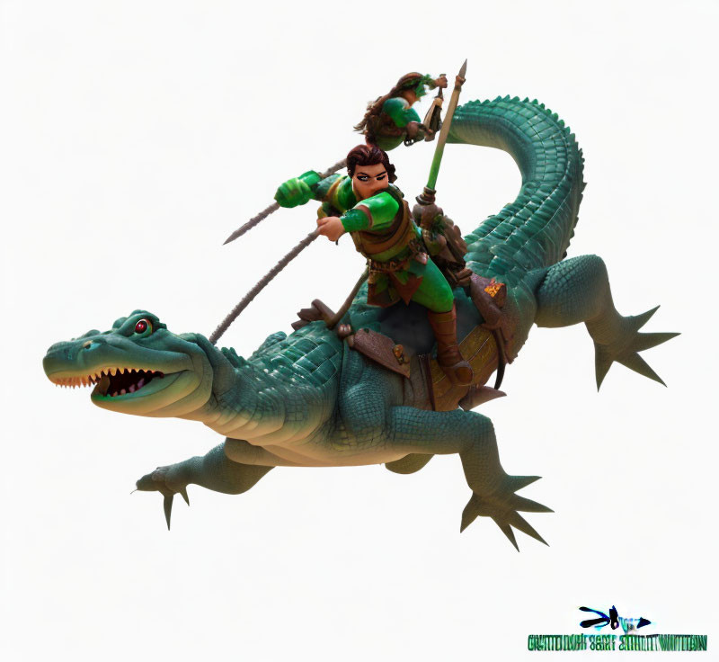 Animated characters riding a green crocodile-like creature with spears.