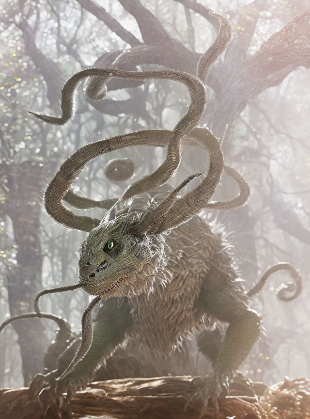 Mythical dragon with serpentine horns in misty forest