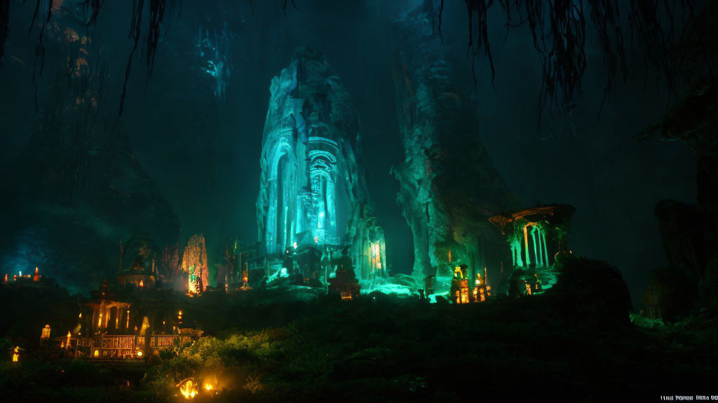 Ethereal underground city with towering structures and mystical lights