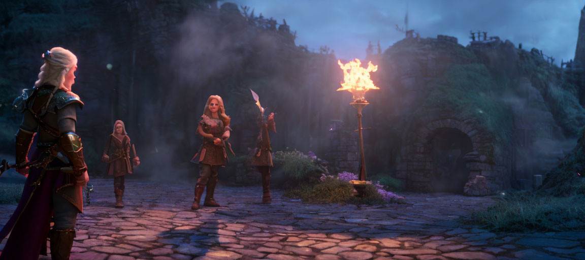 Animated medieval fantasy characters on cobblestone path at dusk with flaming torch & ancient ruins.
