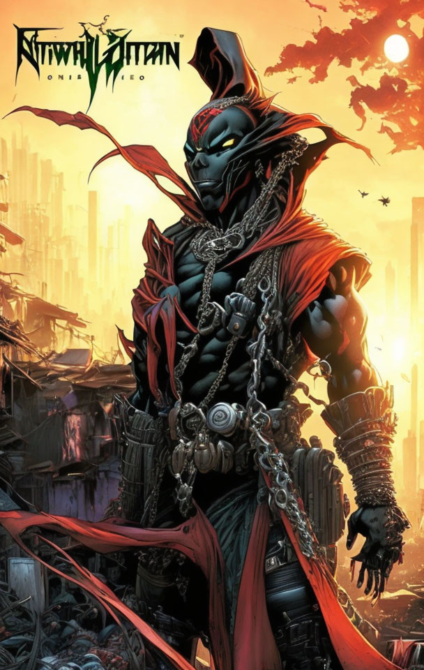 Stylized comic book ninja with red armor and horned mask in cityscape under crescent moon