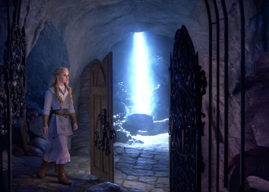 Blonde animated character in medieval attire by glowing blue light cave entrance