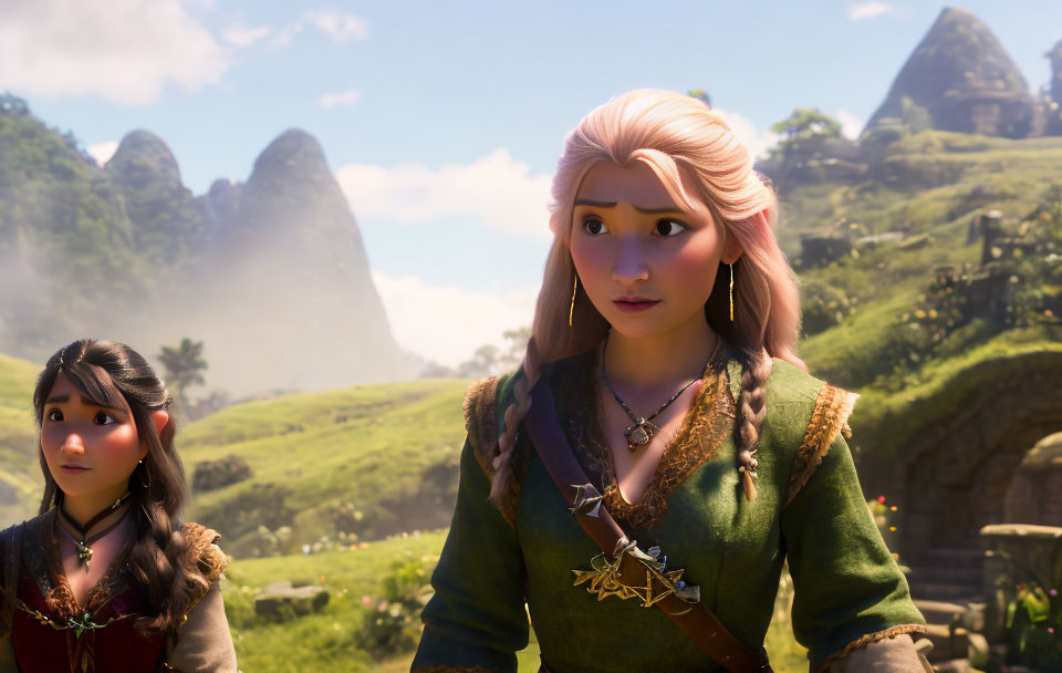 Two female characters in lush green landscape with imposing rock formations under clear sky.