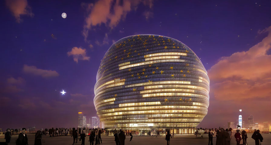 Futuristic spherical building with star-like lights in twilight sky