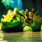 Two red-haired characters in green outfits ride friendly green crocodiles in a lush jungle.