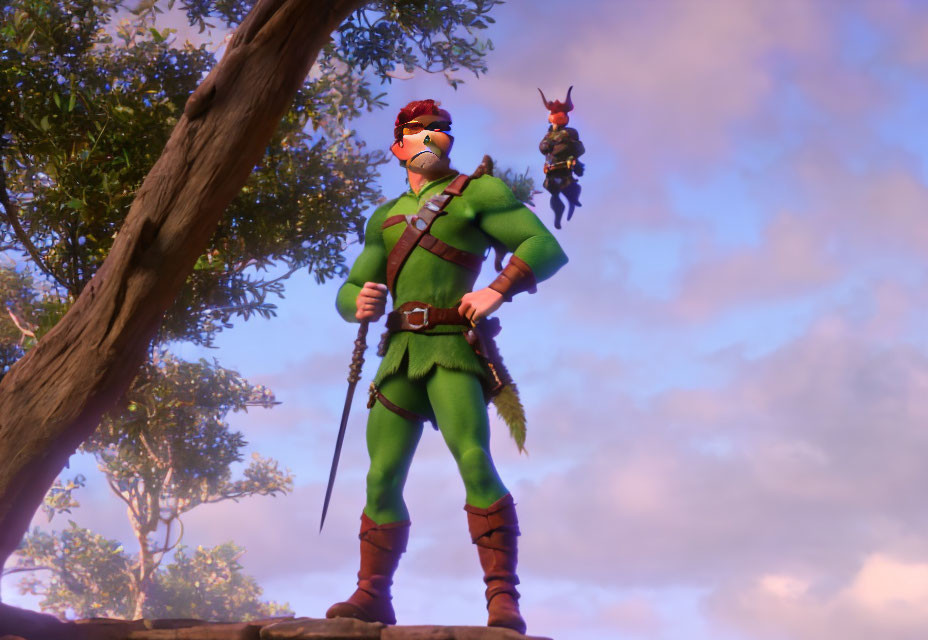 Green-outfitted animated character and winged creature under sunset sky