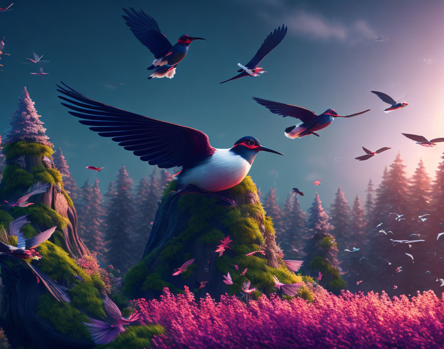 Colorful birds flying over mystical forest with purple flora under dusky sky