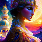 Colorful artwork: Woman with blue skin and bird-like wings in vibrant, starry setting