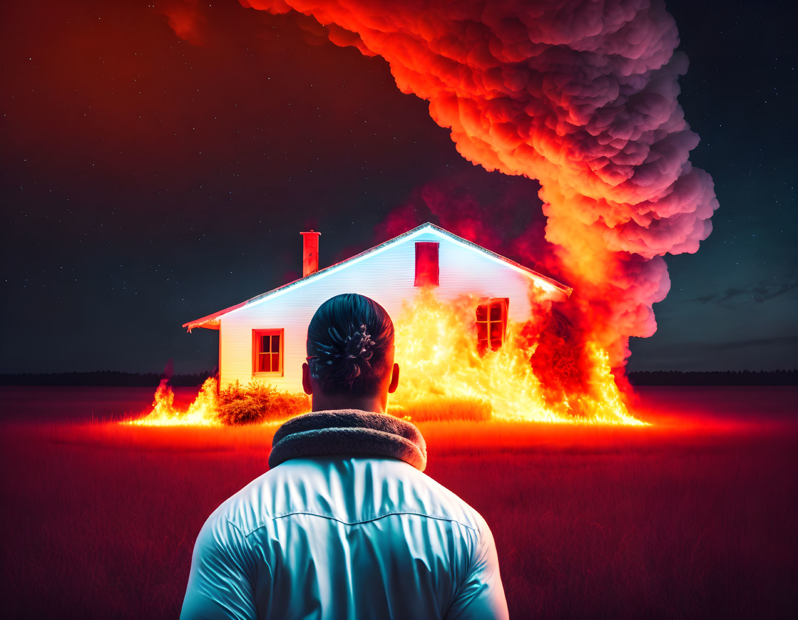 Person watching intense flames engulfing a house at night