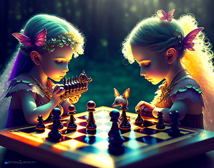Fantasy-style animated girls with wings playing chess in enchanted forest setting