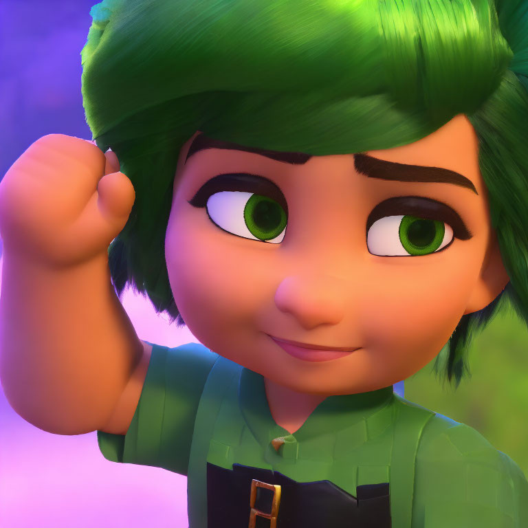 Vibrant green-haired animated character in green outfit smiling and gesturing.