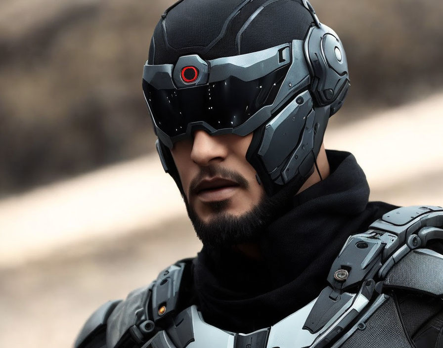 Futuristic military armor with helmet, visor, and high-tech detailing
