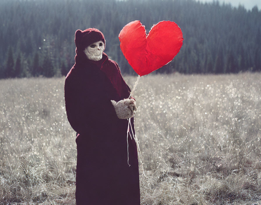 Person in Skull Mask with Heart Balloon in Misty Field