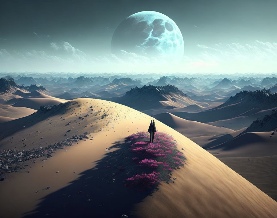 Person standing on desert dune with pink flowers under large moon and mountains.
