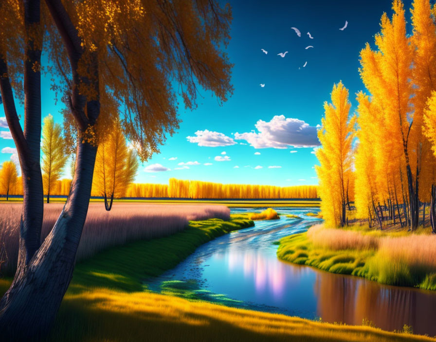Golden trees by river under blue skies with birds - Autumn landscape