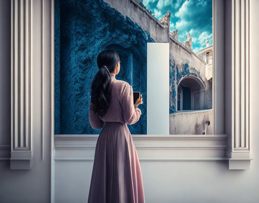Woman in purple dress gazes at surreal outdoor scene through window with blue wall, holding cup