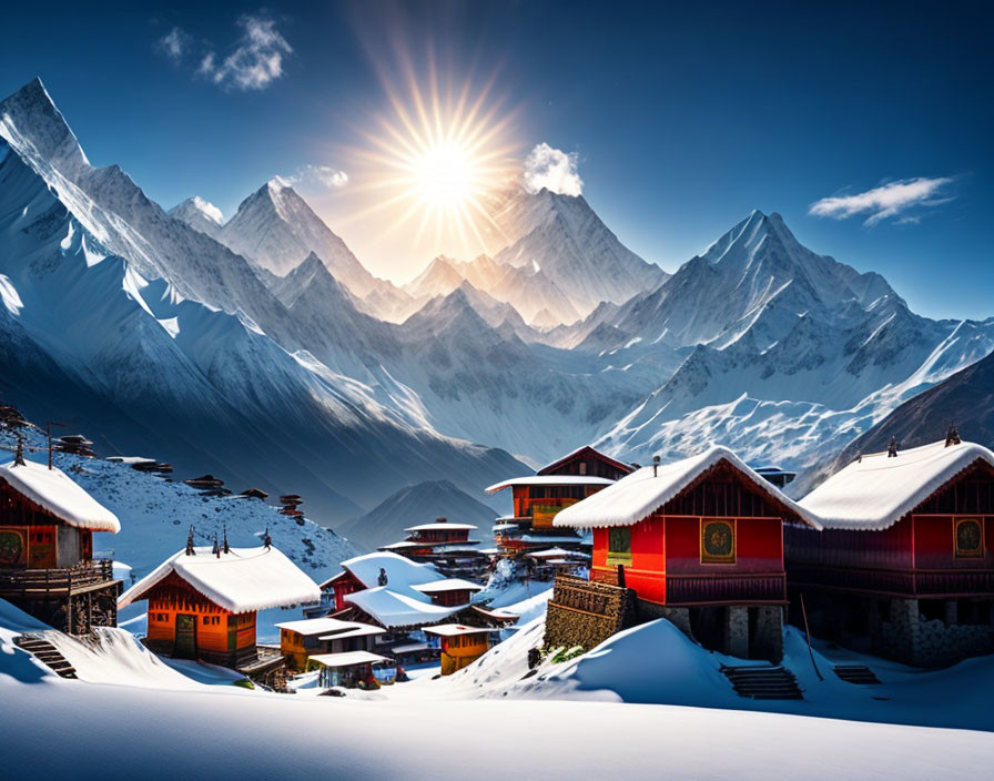Scenic snow-covered village with red-roofed houses and mountain backdrop