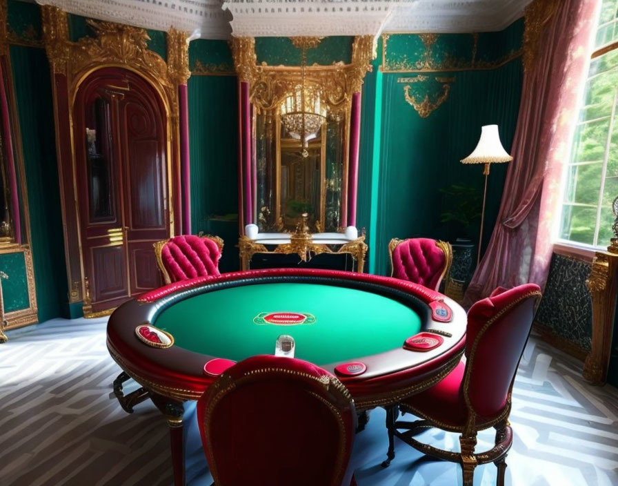 Luxurious emerald-themed poker room with plush chairs and vintage decor