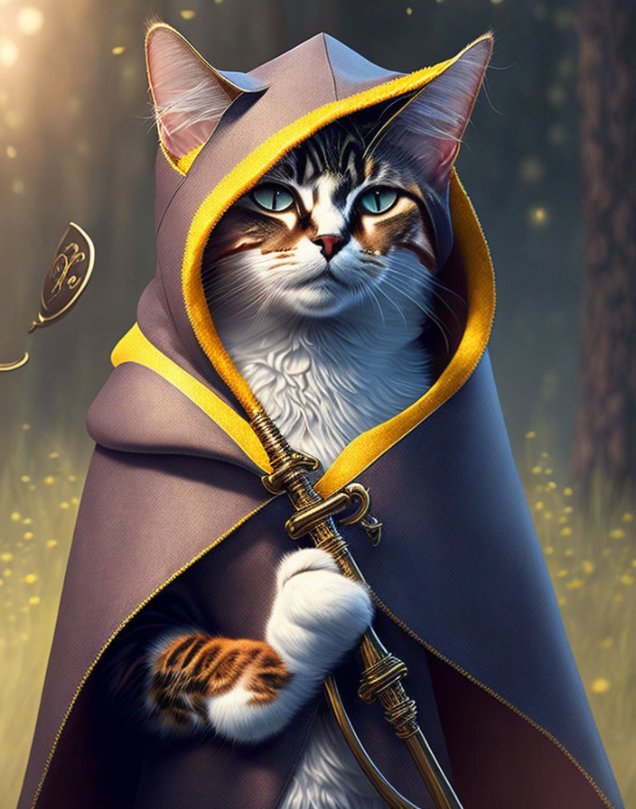 Digital Artwork: Cat Fantasy Character with Sword in Mystical Forest