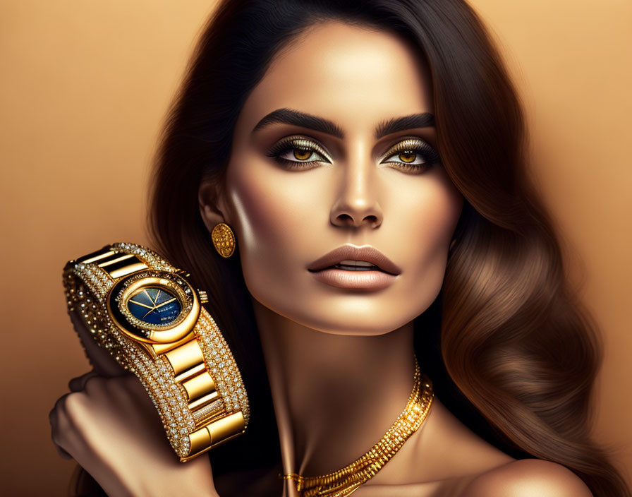 Stylish woman with striking makeup and golden jewelry on warm backdrop
