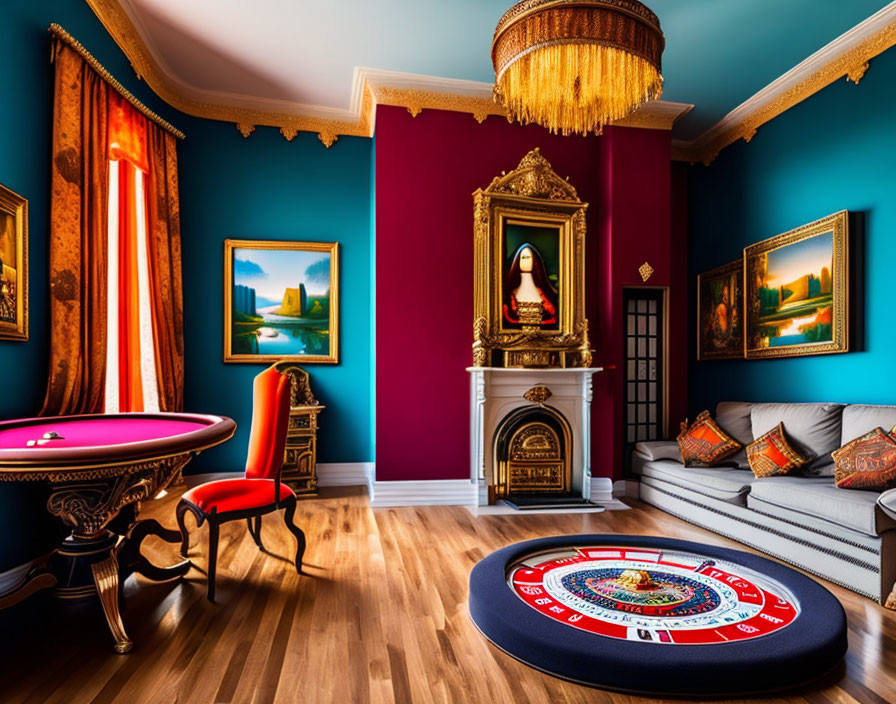 Eclectic Decor in Vibrant Room: Teal Walls, Crimson Fireplace, Gold Art, Vintage Furniture
