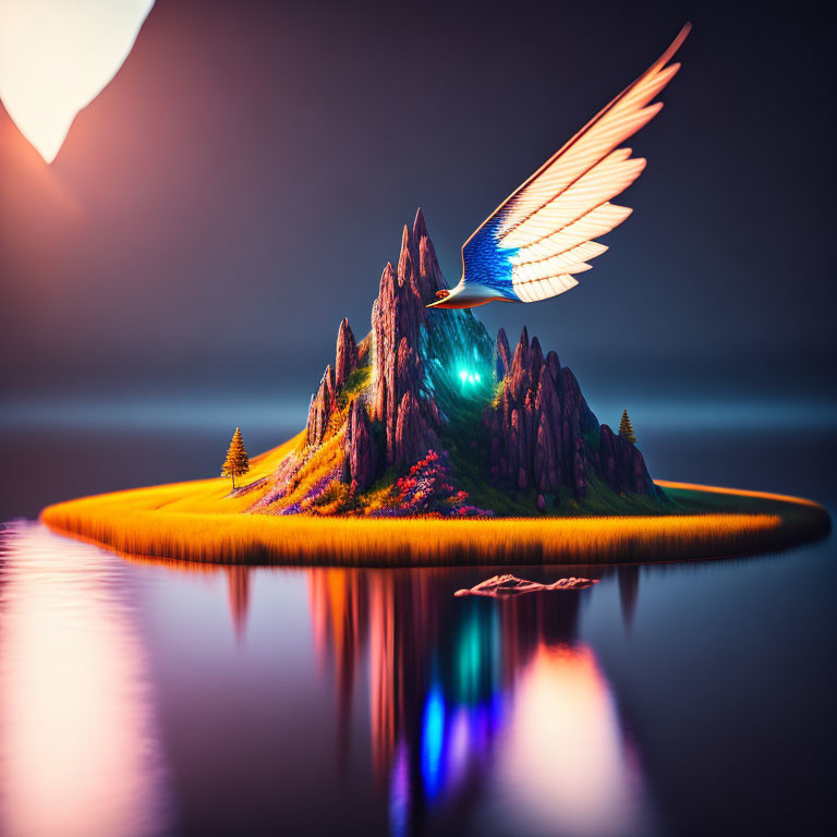 Colorful Bird with Glowing Wings Soaring over Fantastical Island at Sunset