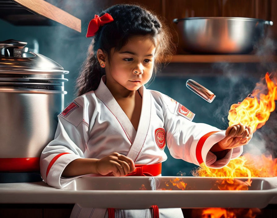 Child in red belt karate uniform amazed by flaming spoon