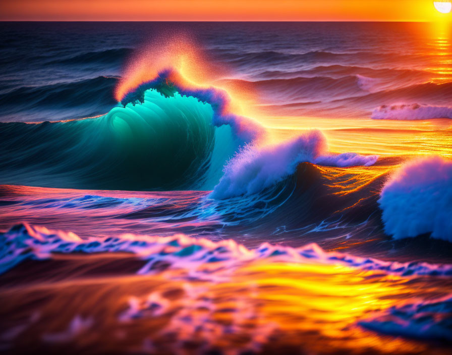 Colorful Ocean Sunset with Turquoise Wave and Warm Spray