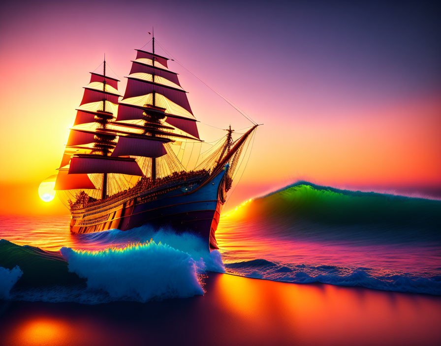 Majestic tall ship sailing at sunset on ocean waves