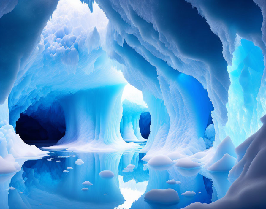 Serene Ice Cave with Vibrant Blue Hues and Reflections