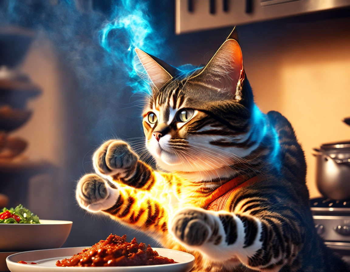 Cat in chef's outfit magically seasoning dish with blue flames
