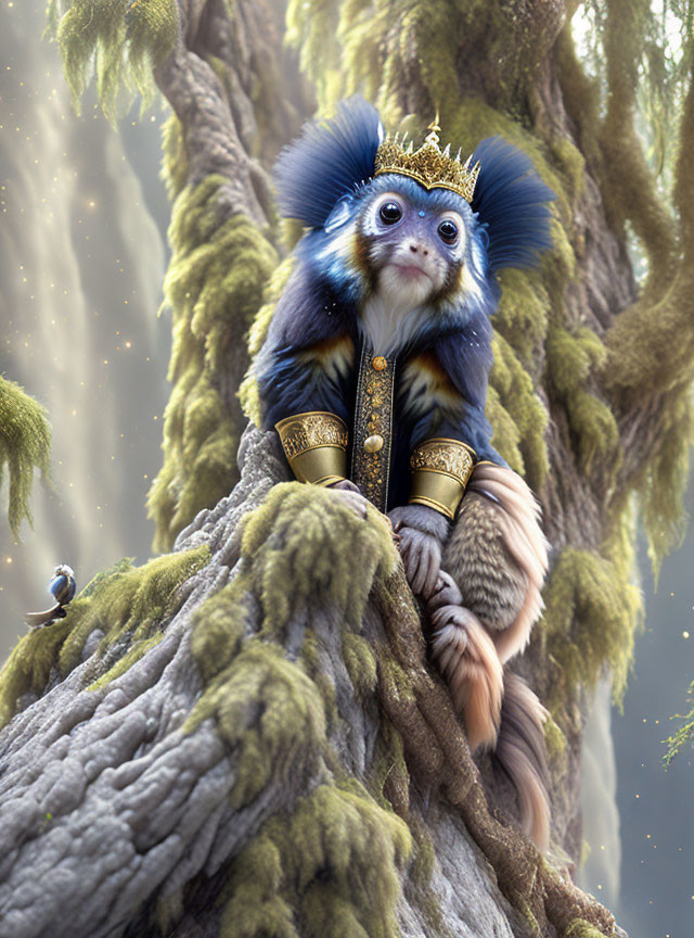 Crowned monkey with blue facial fur in royal outfit on moss-covered tree