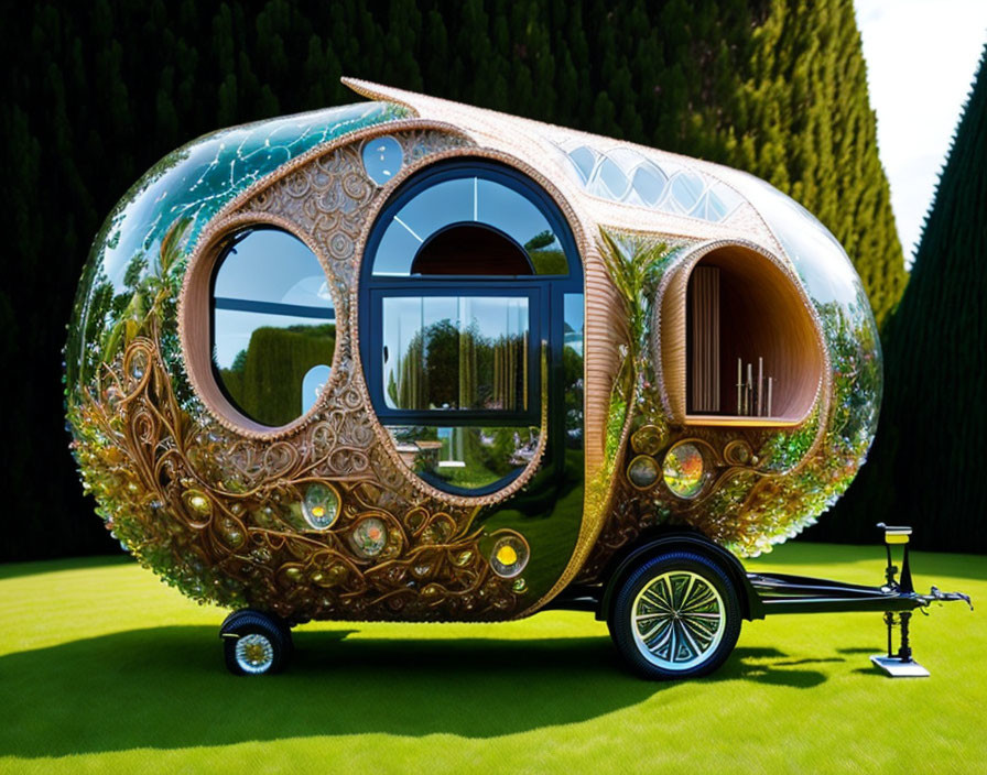 tiny house made of glass on wheels