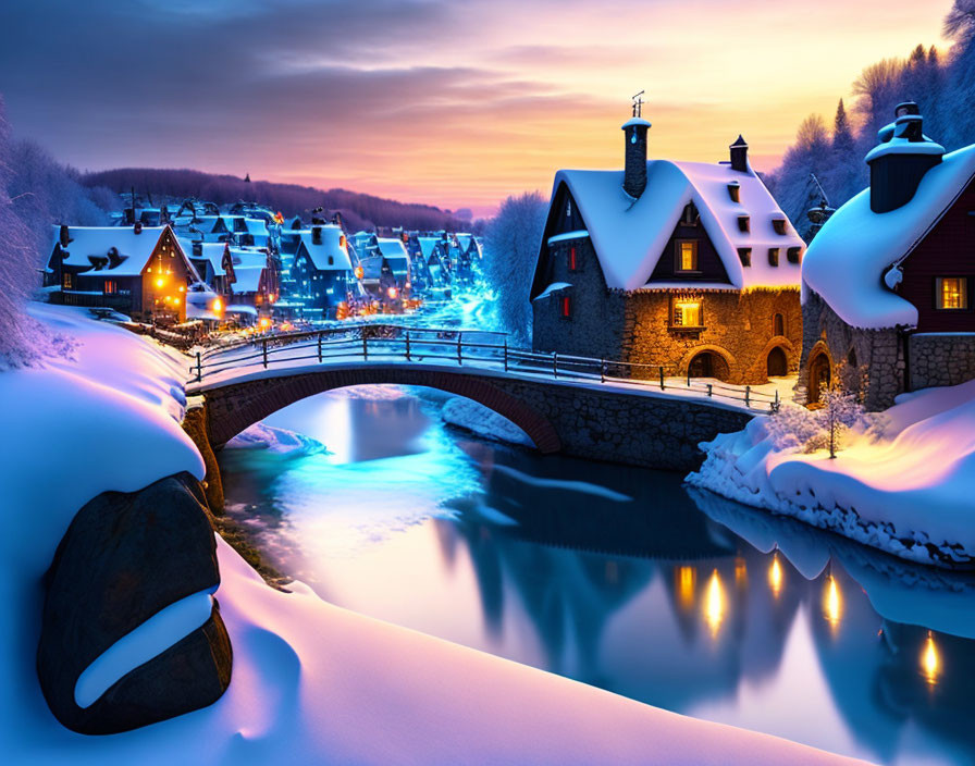 Snow-covered village with illuminated houses and stone bridge in twilight sky