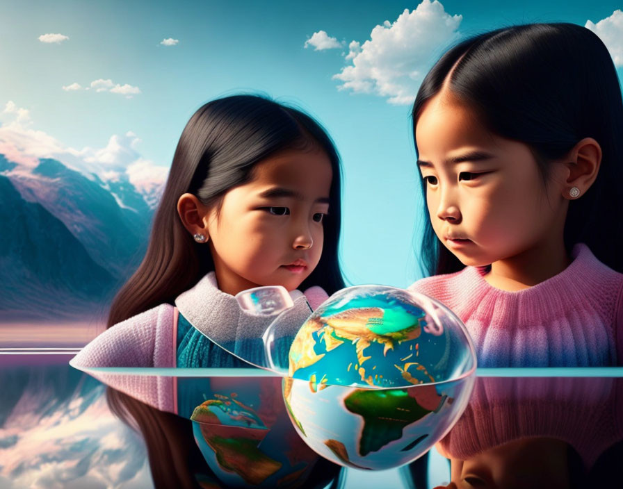 Two girls looking at glowing globe with reflective landscape.