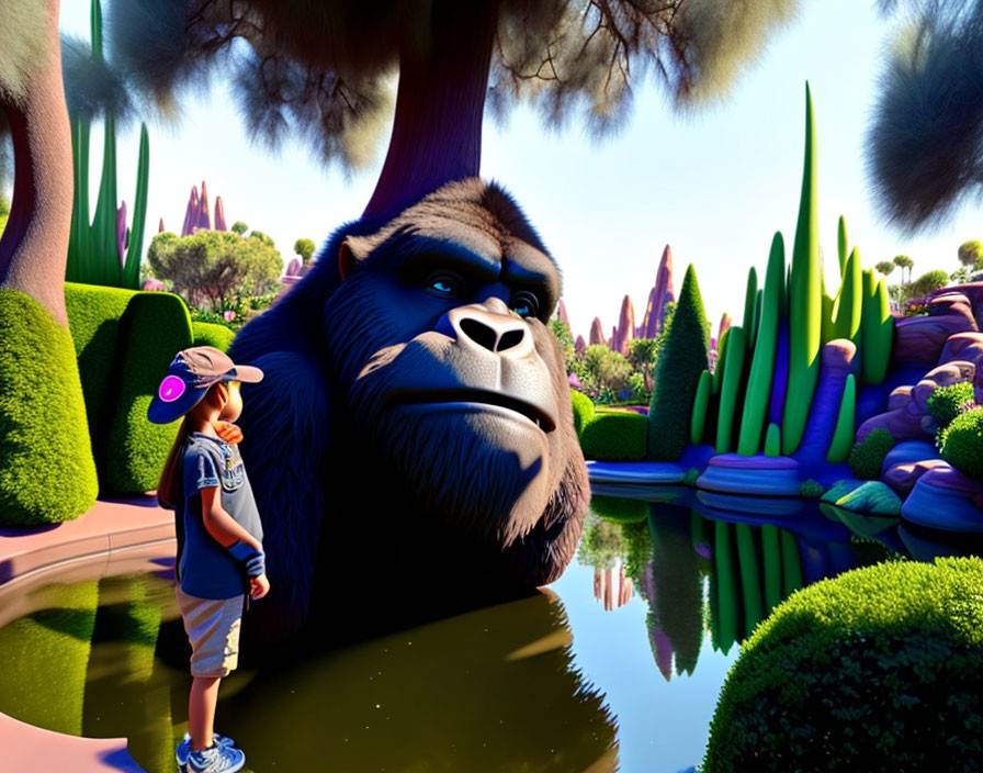 Boy in cap gazes at animated gorilla in vibrant forest