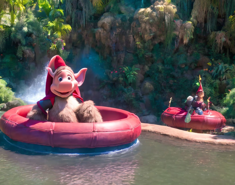 Smiling character in red hat floating on waterway with lush green backdrop