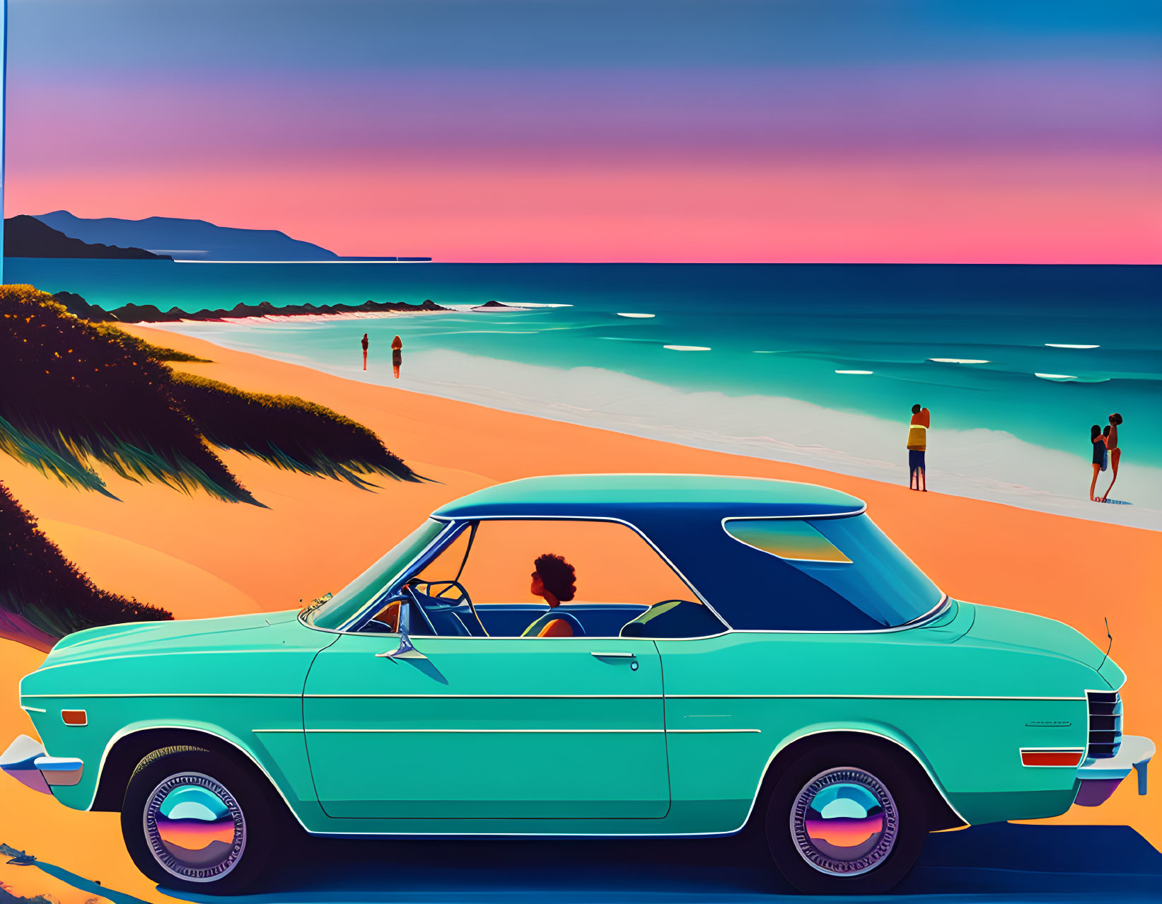 Classic Car Parked Near Beach with Colorful Sky and People Walking