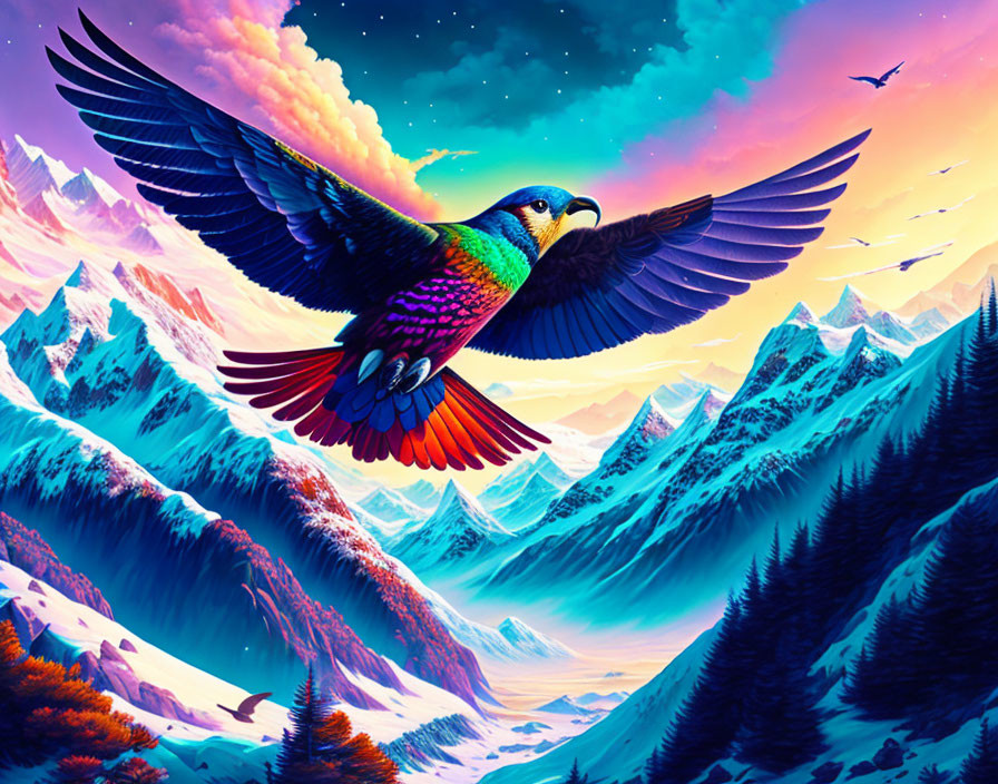 Colorful Bird Flying Over Snowy Mountains and Pine Forests at Sunset