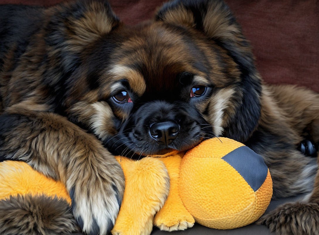 Fluffy Brown and Black Dog Cuddling Yellow and Blue Ball