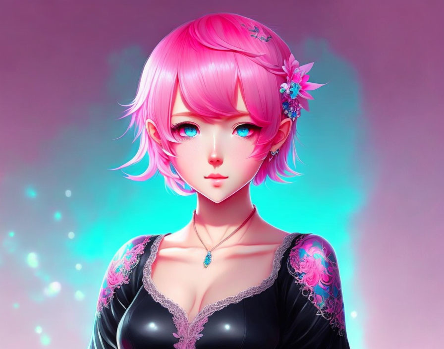 Female Character with Pink Hair and Blue Eyes in Black Outfit on Sparkly Pink Background