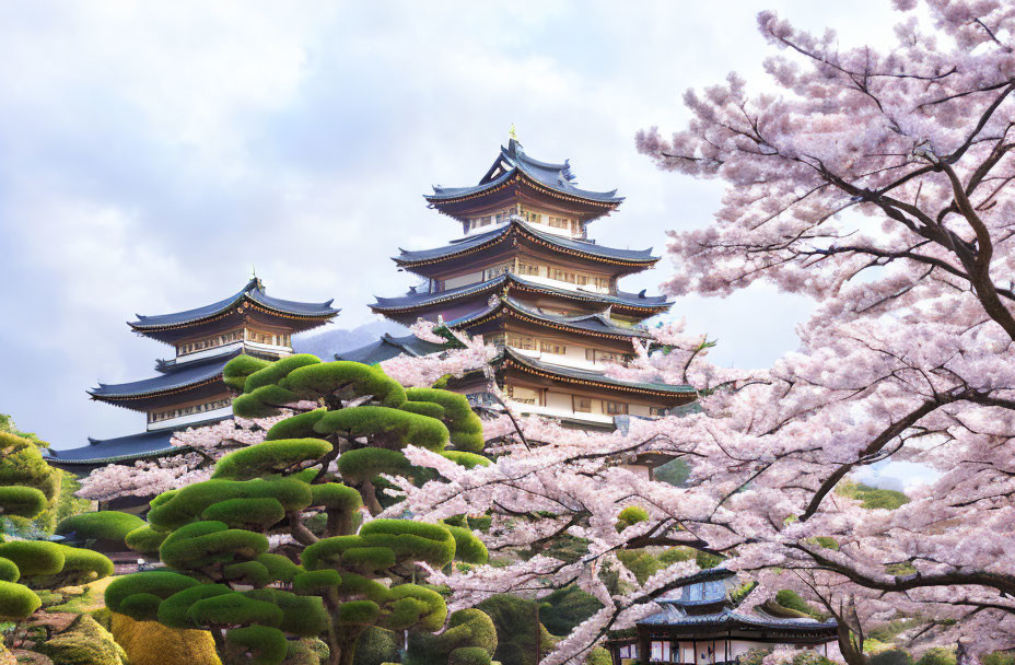 Japanese Castle Surrounded by Cherry Blossoms and Green Trees